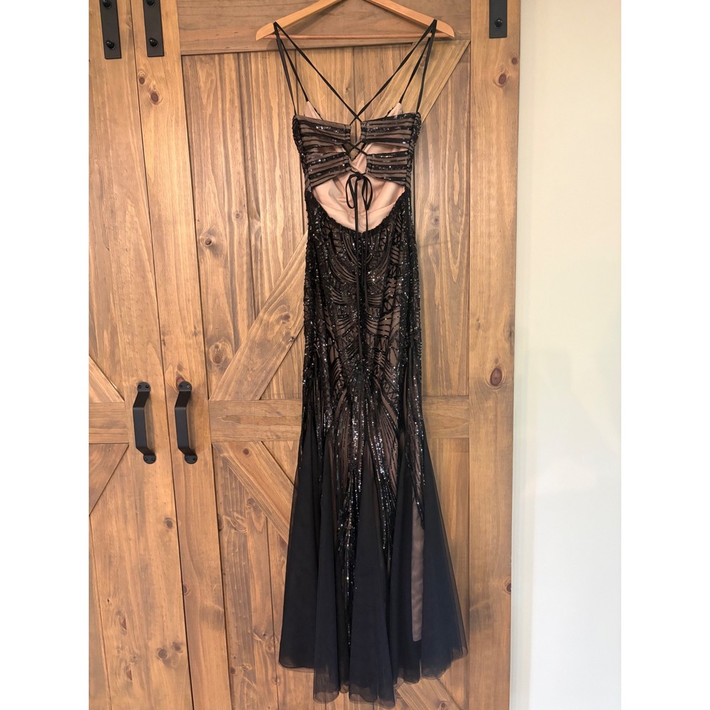 Windsor Black Sequin Art Deco Mermaid Gown Open Back Formal Prom Dress Small - Picture 2 of 4